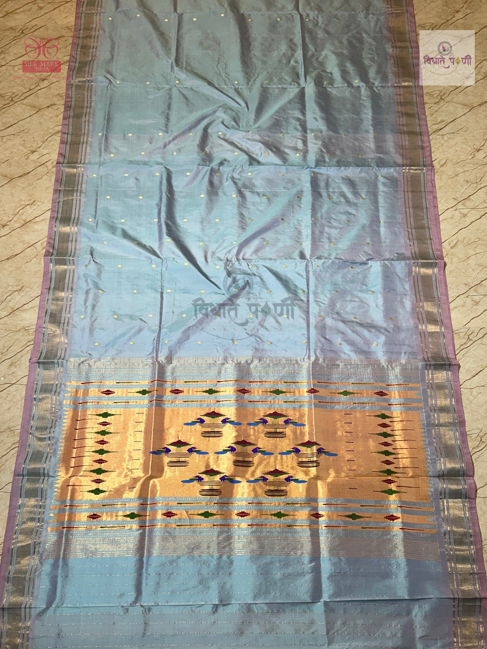Handloom Pure Silk Double Pallu Paithani Saree - Powder Blue