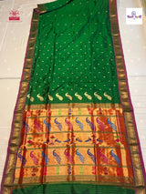 Bottle Green Handloom Pure Silk Fancy Pallu Paithani Saree — full saree draped and laid flat — Vidhate Paithani, Yeola