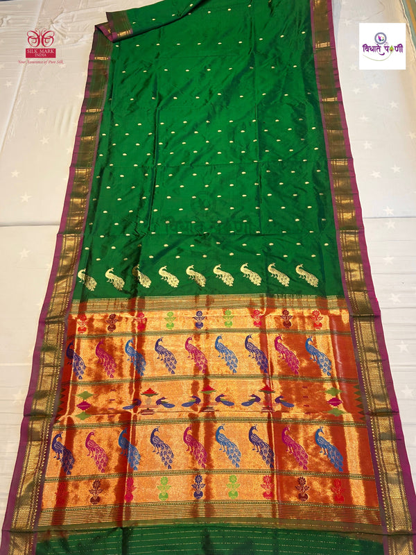 Handloom Pure Silk Fancy Pallu Paithani Saree - Bottle Green