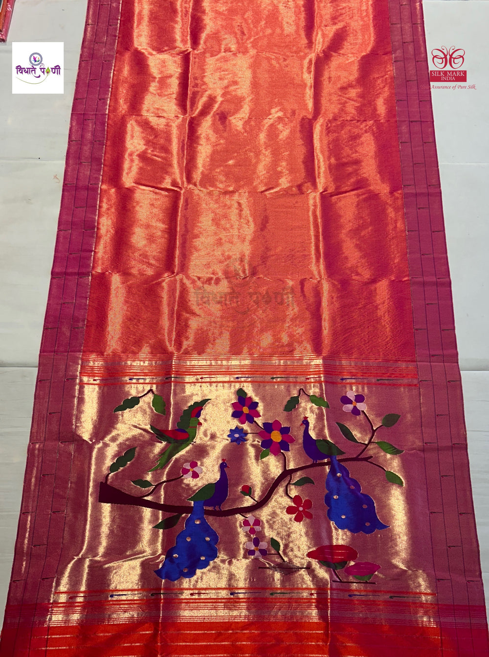 Orange Handloom Pure Silk Triple Munia Border Paithani Saree — full saree draped and laid flat — Vidhate Paithani, Yeola