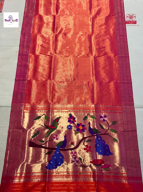 Handloom Pure Silk Triple Munia Border Paithani Saree - Orange