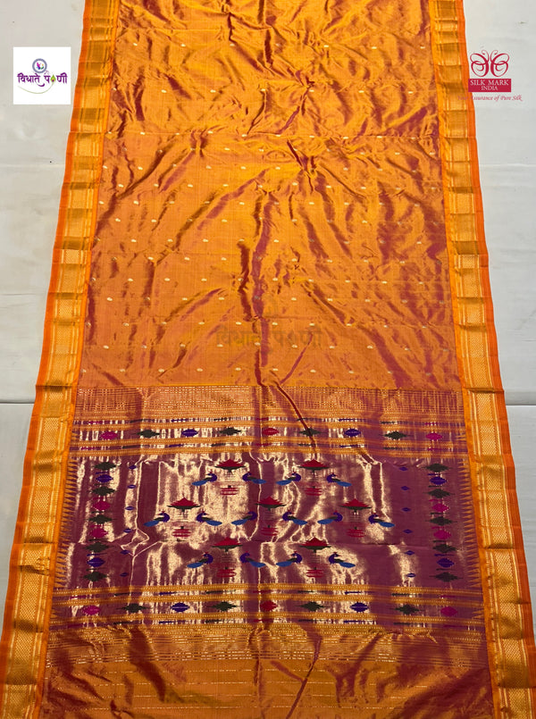 Handloom Pure Silk Double Pallu Paithani Saree - Golden