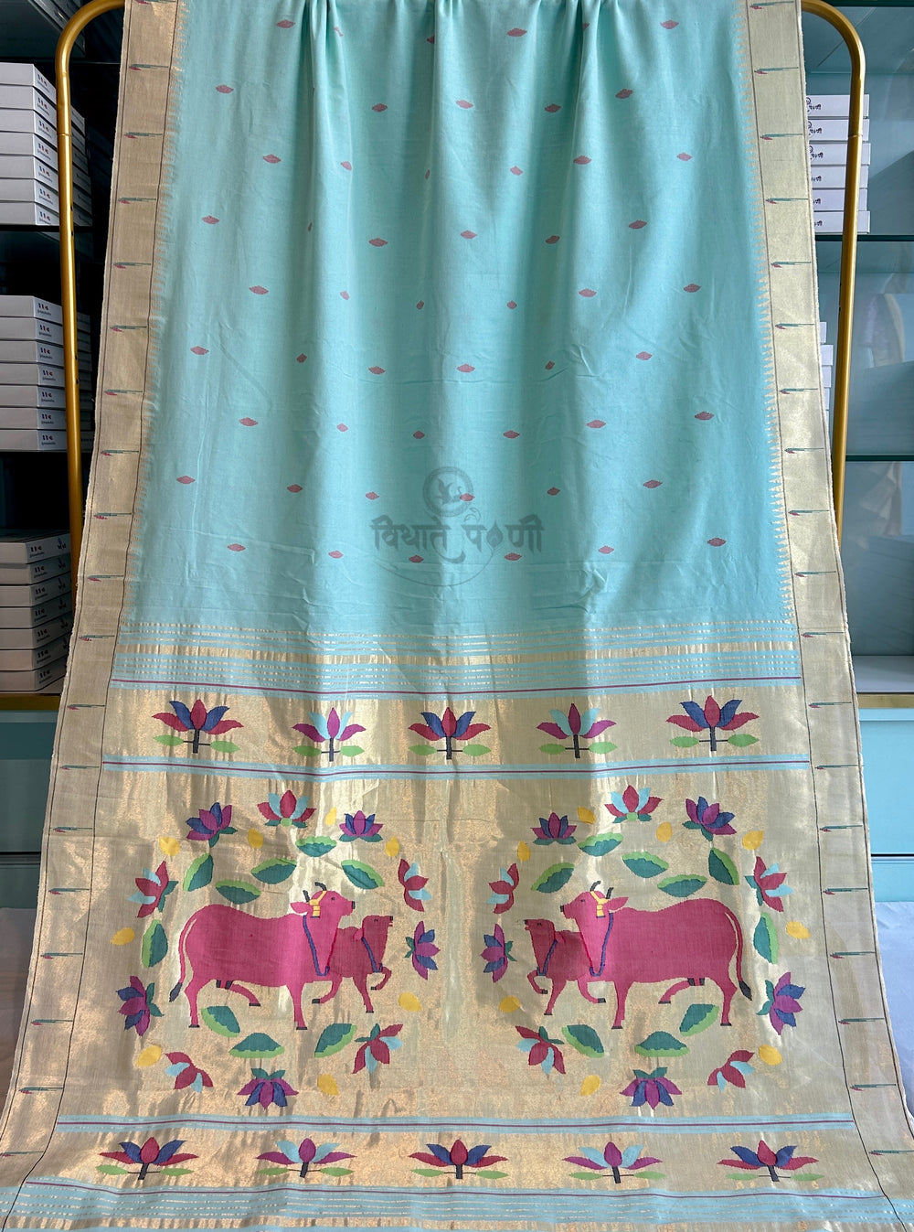 Handloom Pure Cotton Munia Border Paithani Saree- Pista Green