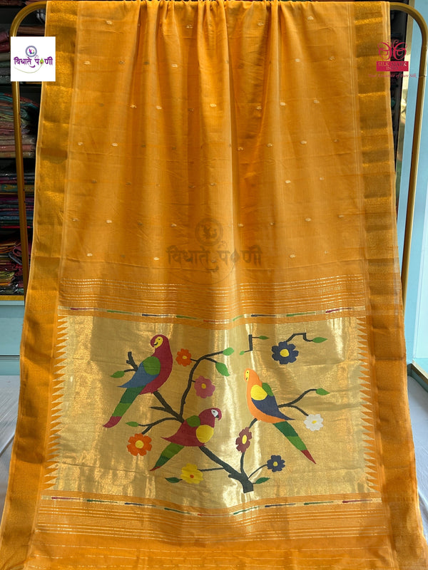 Handloom Pure Cotton Paithani Saree - Mango