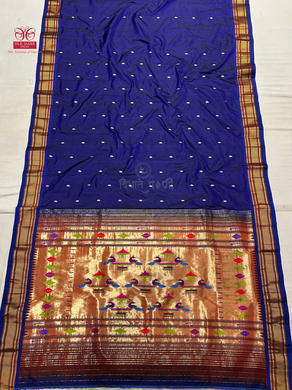 Navy Handloom Pure Silk Double Pallu Paithani Saree — pallu with zari brocade detail — Vidhate Paithani, Yeola