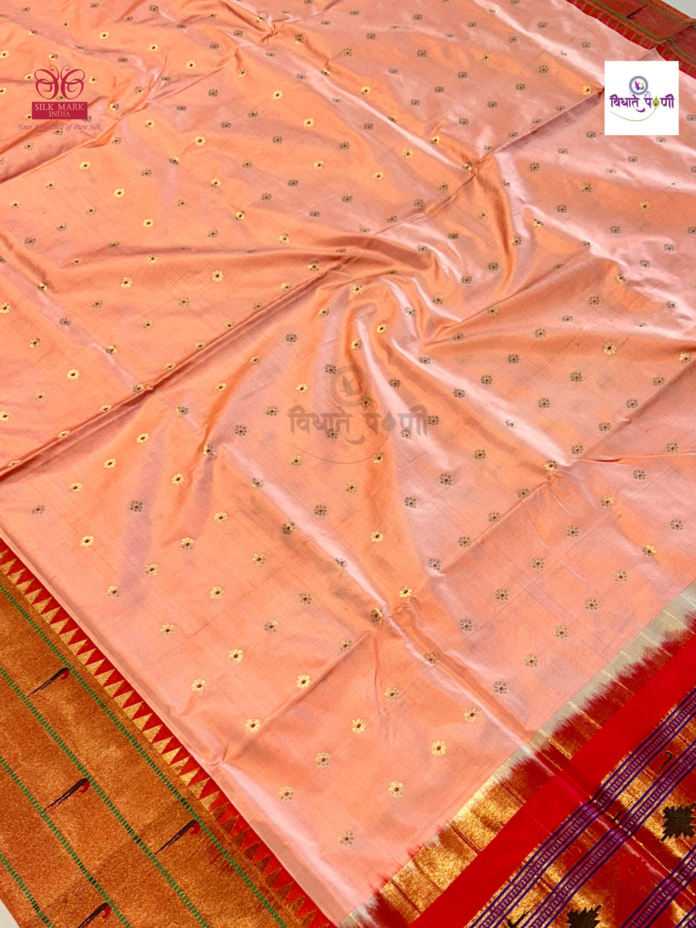 Powerloom Pure Silk Triple Munia Paithani Saree – Peach | Monsoon Sale