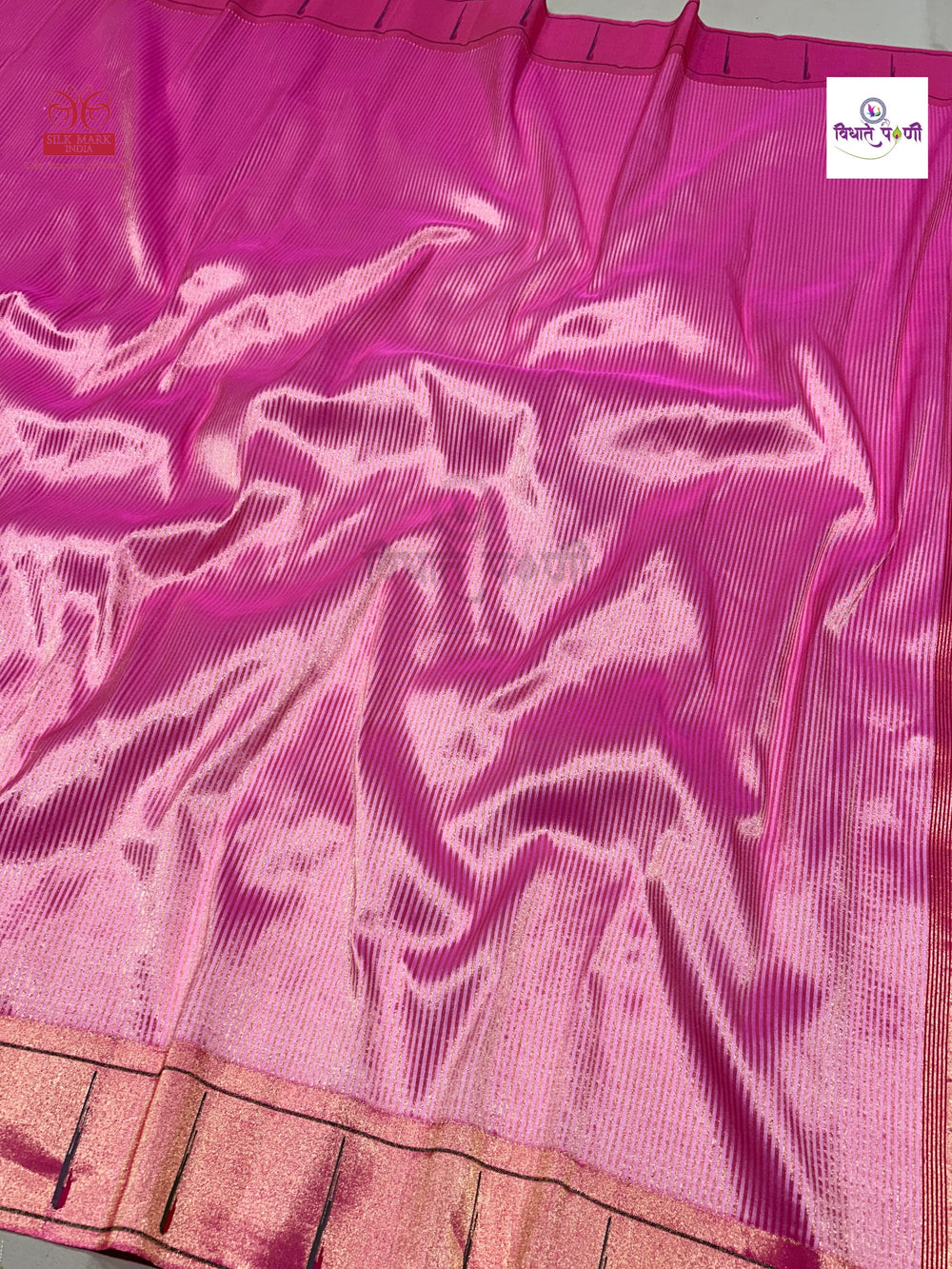 Pastel Pink Handloom Pure Silk Single Munia Paithani Saree - Stripes — pallu with zari brocade detail — Vidhate Paithani, Yeola