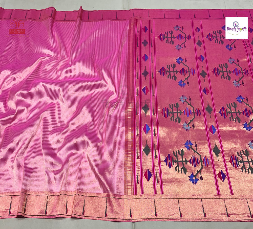 Pastel Pink Handloom Pure Silk Single Munia Paithani Saree - Stripes — full saree draped and laid flat — Vidhate Paithani, Yeola