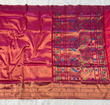 Powerloom Pure Silk Munia Paithani Saree – Stripes — full saree draped and laid flat — Vidhate Paithani, Yeola
