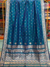 Peshwai Soft Silk Saree- Peacock Blue — full saree draped and laid flat — Vidhate Paithani