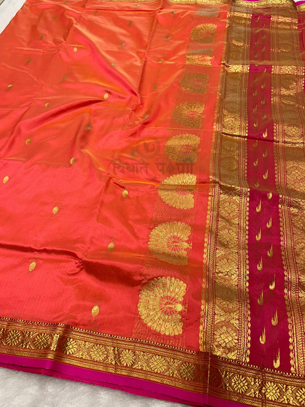 Peach Jijamata Single Ply Pure Silk Saree — pallu with woven border detail — Vidhate Paithani, Yeola