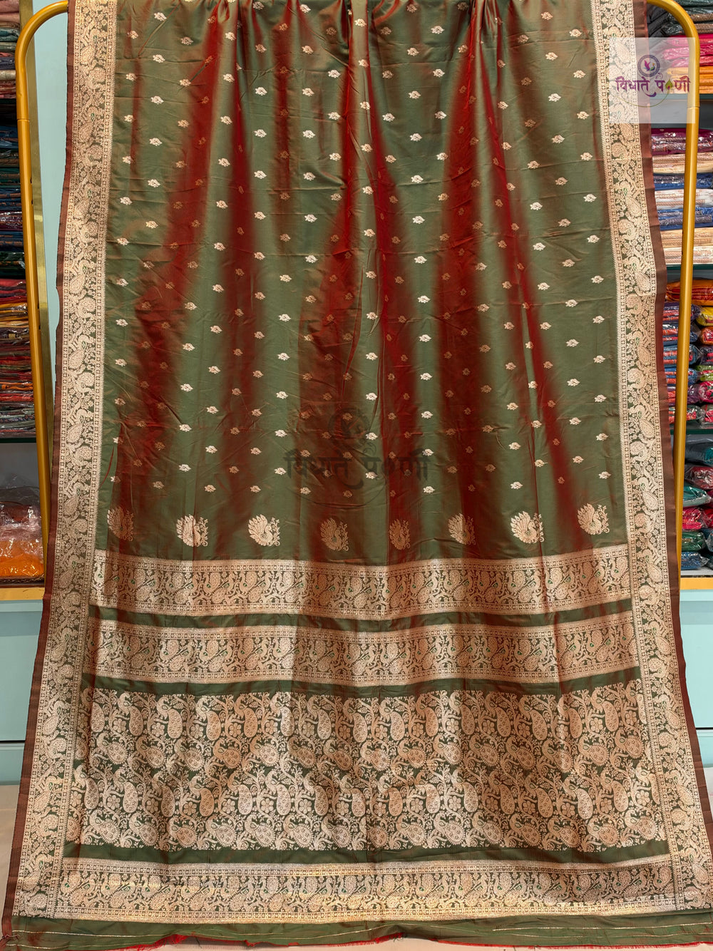 Peshwai Soft Silk Saree- Anjeri — full saree draped and laid flat — Vidhate Paithani