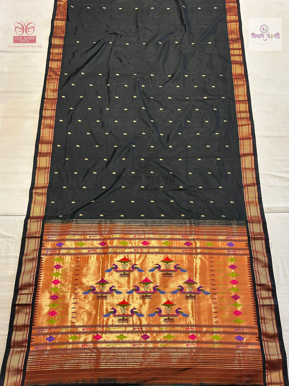 Handloom Pure Silk Double Pallu Paithani Saree - Black