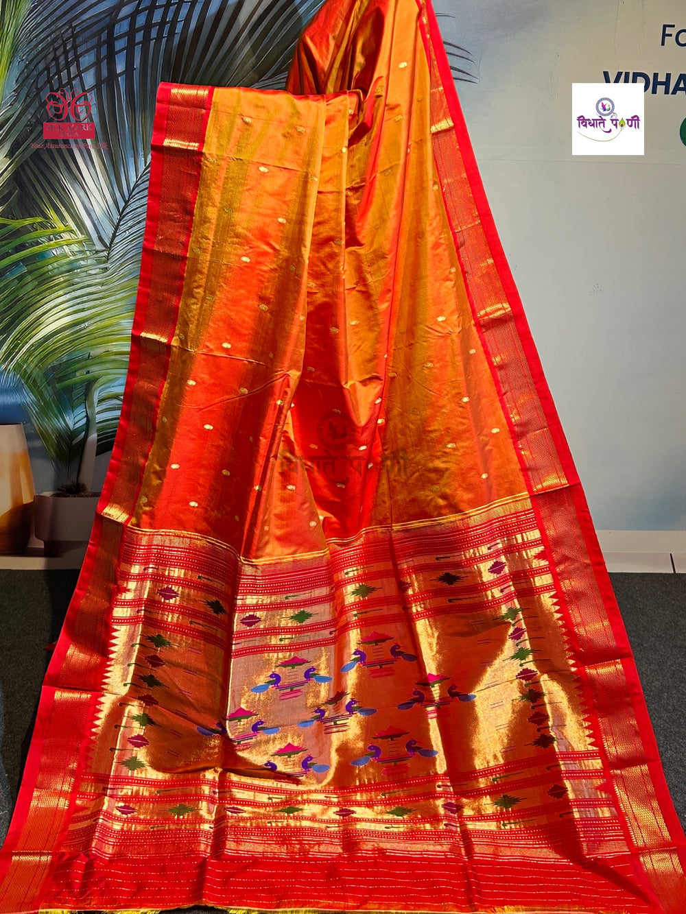 Handloom Pure Silk Double Pallu Paithani Saree - Orange