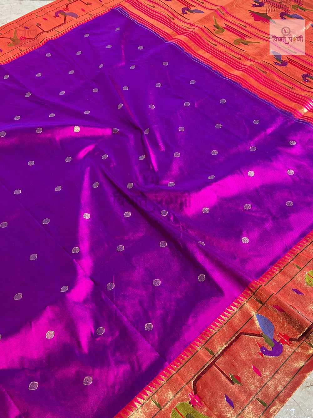 Handloom Pure Silk Paithani Saree - Brocade Border - Magenta — body weave and butti detail — Vidhate Paithani, Yeola