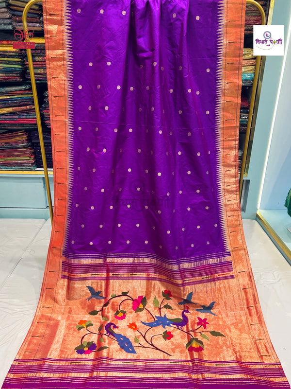 Handloom Pure Silk Single Munia Paithani Saree - Paithani Color