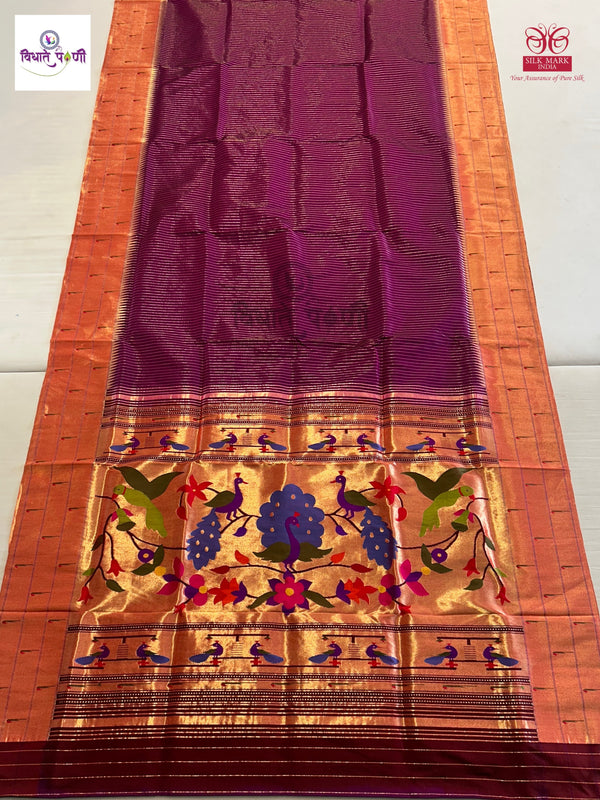 Handloom Pure Silk Triple Munia Border Paithani Saree - Magenta