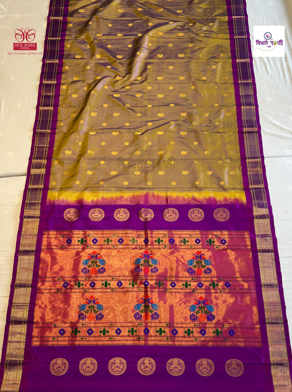 Handloom Pure Silk Maharani Paithani Saree- Golden Purple Mix