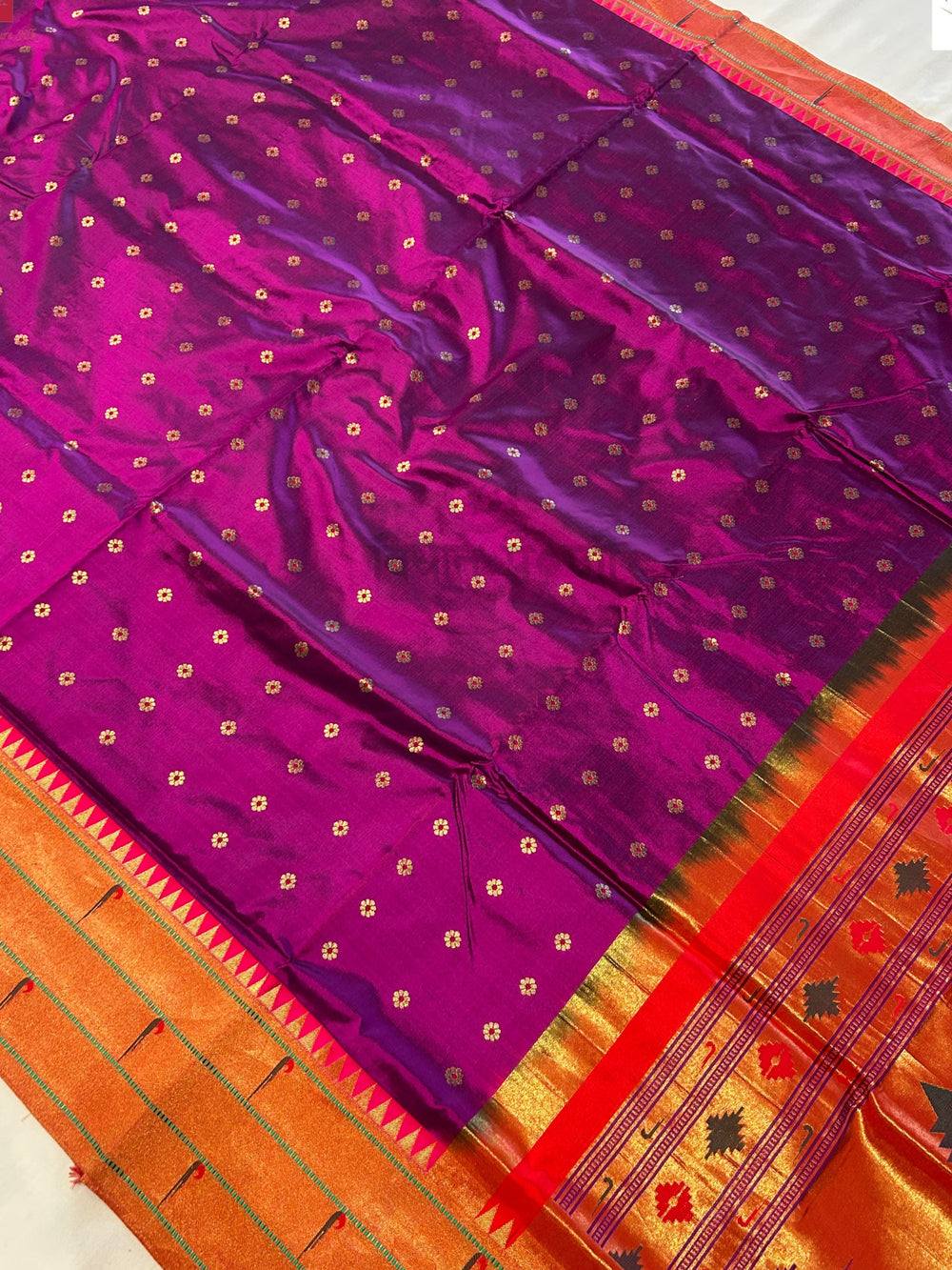 Powerloom Pure Silk Triple Munia Paithani Saree – Magenta | Monsoon Sale