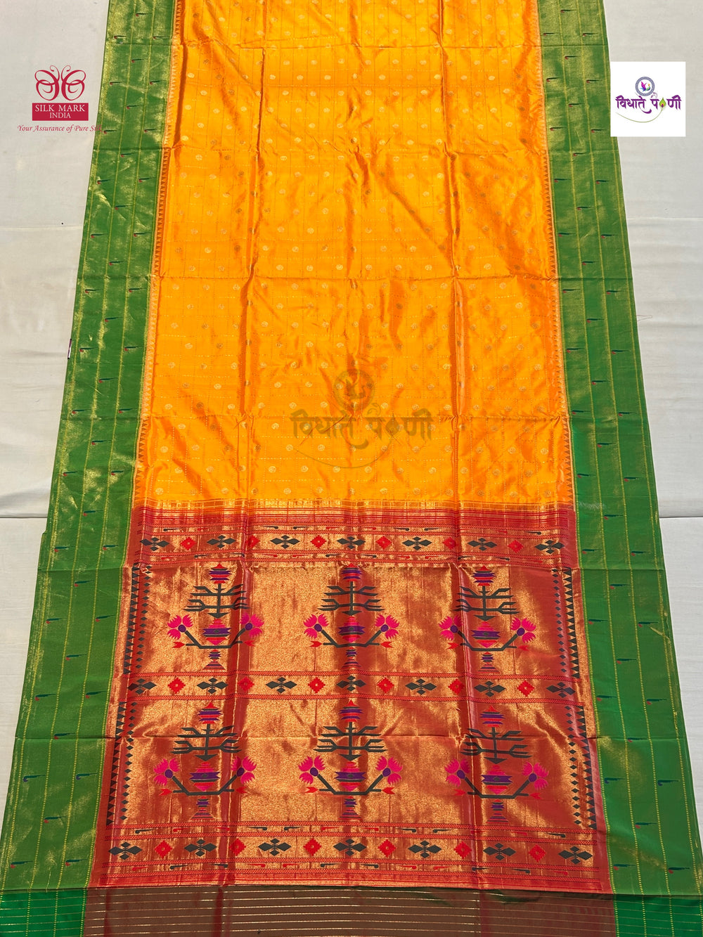 Powerloom Pure Silk Triple Munia Paithani Saree Chex – Mango | Monsoon Sale
