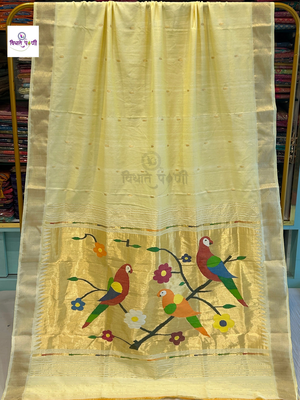Pastel Yellow Handloom Pure Cotton Paithani Saree — full saree draped and laid flat — Vidhate Paithani, Yeola