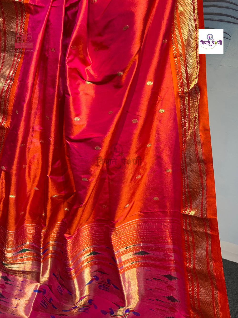 Handloom Pure Silk Double Pallu Paithani Saree - Orange