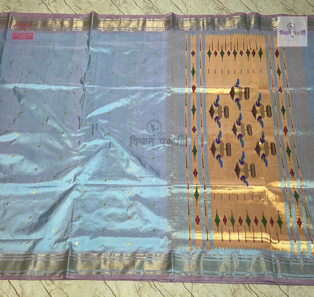 Handloom Pure Silk Double Pallu Paithani Saree - Powder Blue