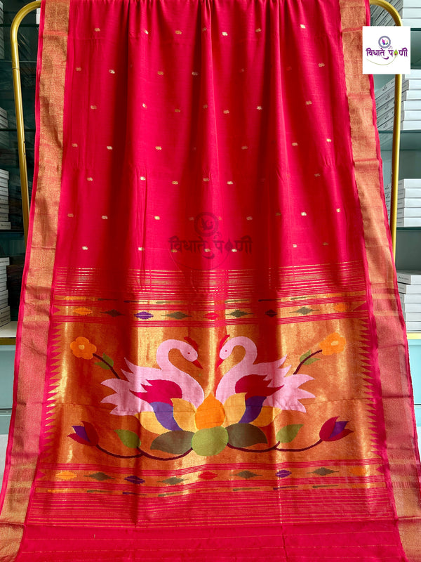 Handloom Pure Cotton Paithani Saree - Lotus Swan - Red Pink Mix
