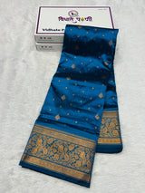 Kalanjali Soft Silk Paithani Saree – Sulphate Blue — full saree draped and laid flat — Vidhate Paithani, Yeola