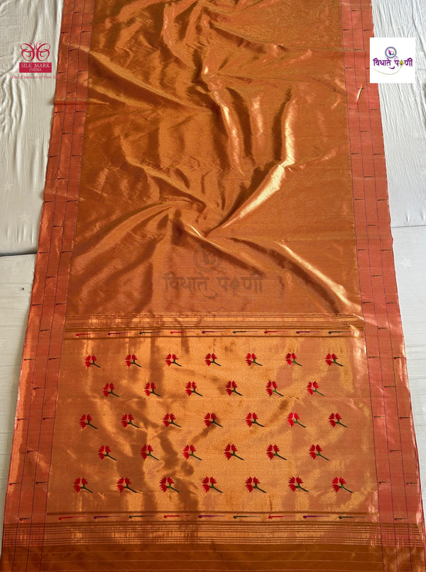 Handloom Pure Silk Triple Munia Border Paithani Saree - Copper