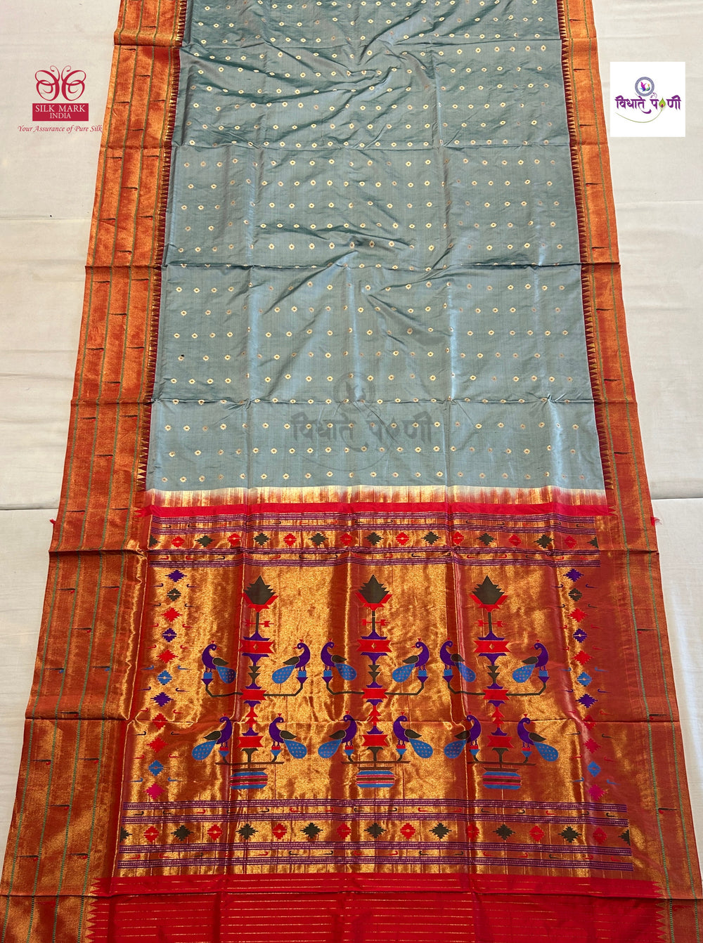 Powerloom Pure Silk Triple Munia Paithani Saree – Grey | Monsoon Sale