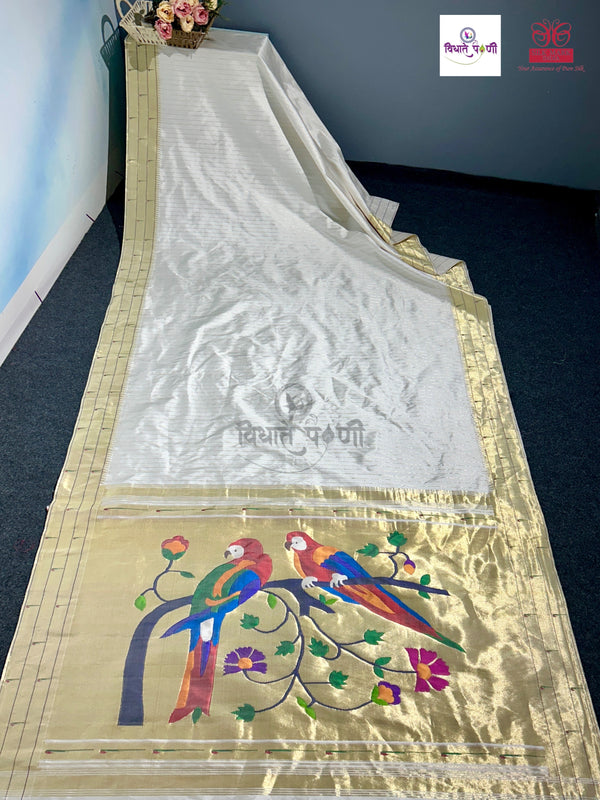 Handloom Pure Silk Triple Munia Border Paithani Saree - Off White