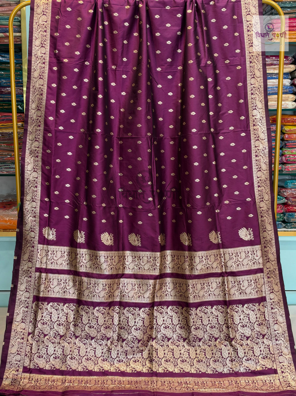 Peshwai Soft Silk Saree- Wine — full saree draped and laid flat — Vidhate Paithani
