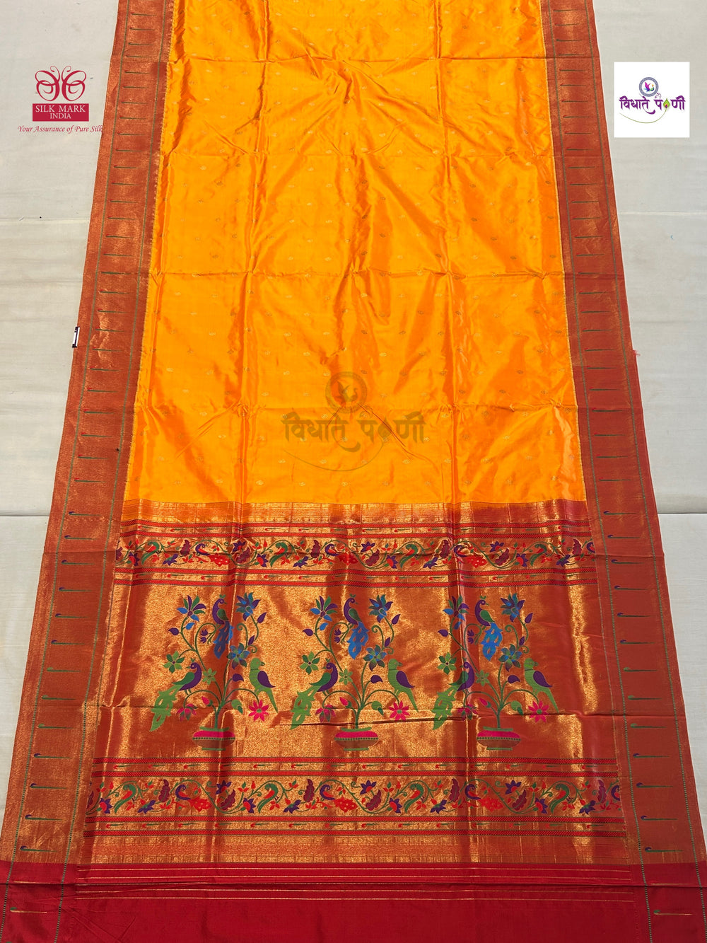 Powerloom Pure Silk Munia Paithani Saree – Mango | Monsoon Sale