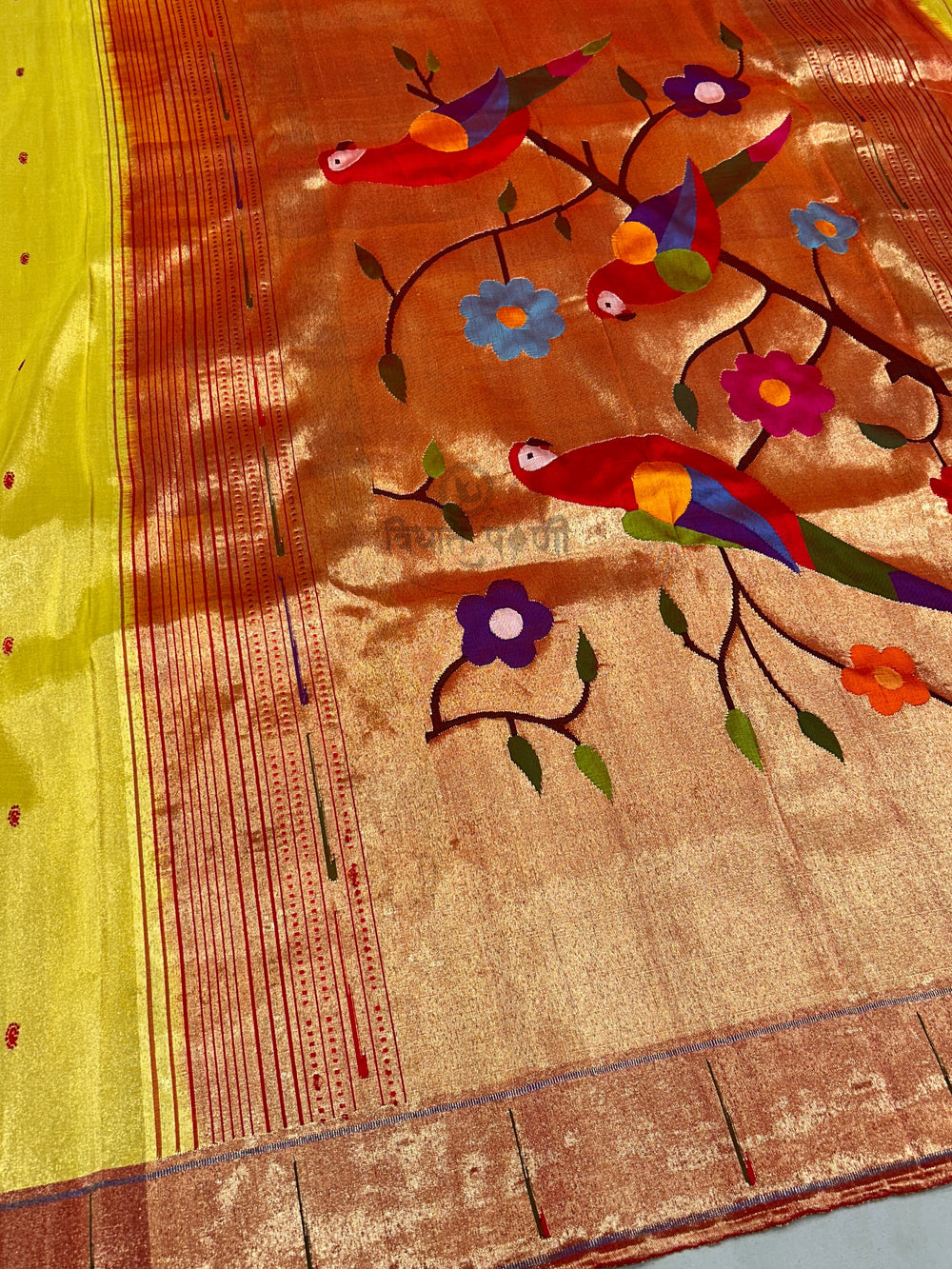 Handloom Pure Tissue Single Munia Paithani Saree- Lemon Yellow