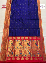 Navy Powerloom Pure Silk Triple Munia Paithani Saree — full saree draped and laid flat — Vidhate Paithani, Yeola