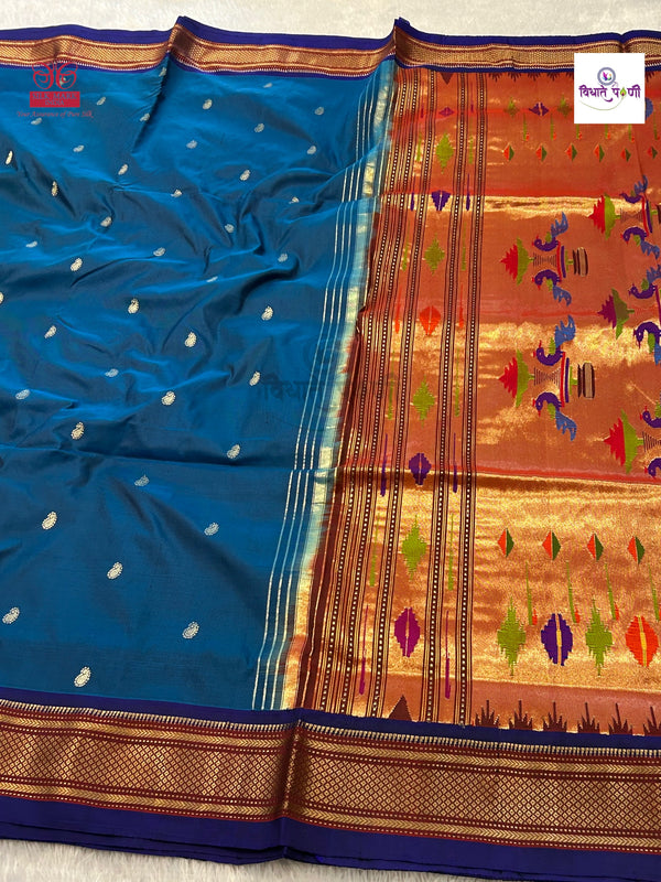 Handloom Pure Silk Double Pallu Paithani Saree - Firozi