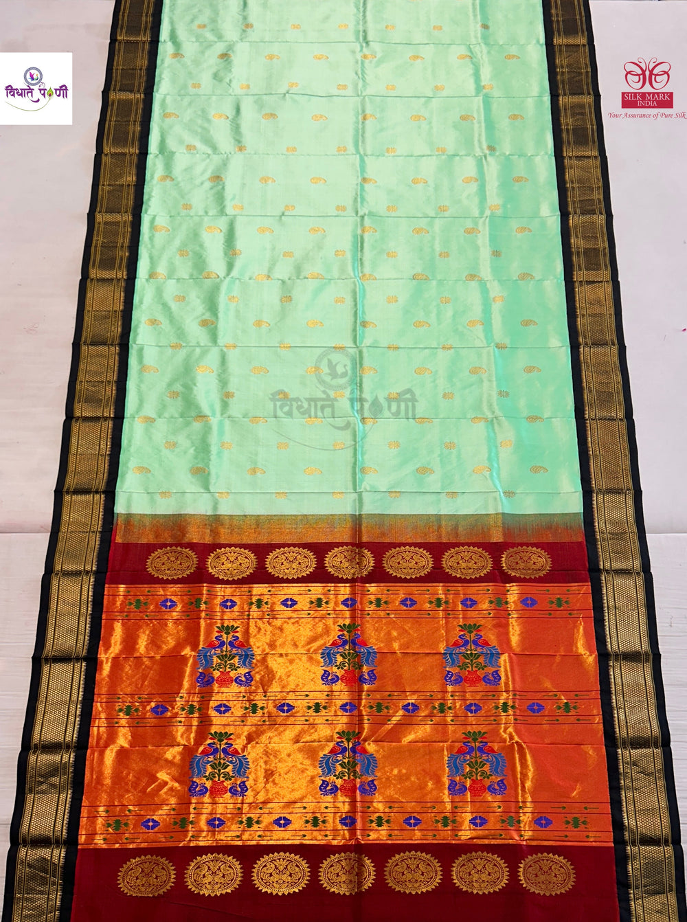 Handloom Pure Silk Maharani Paithani Saree- Pastel Green