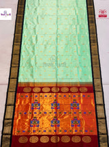 Pastel Green Handloom Pure Silk Maharani Paithani Saree — full saree draped and laid flat — Vidhate Paithani, Yeola