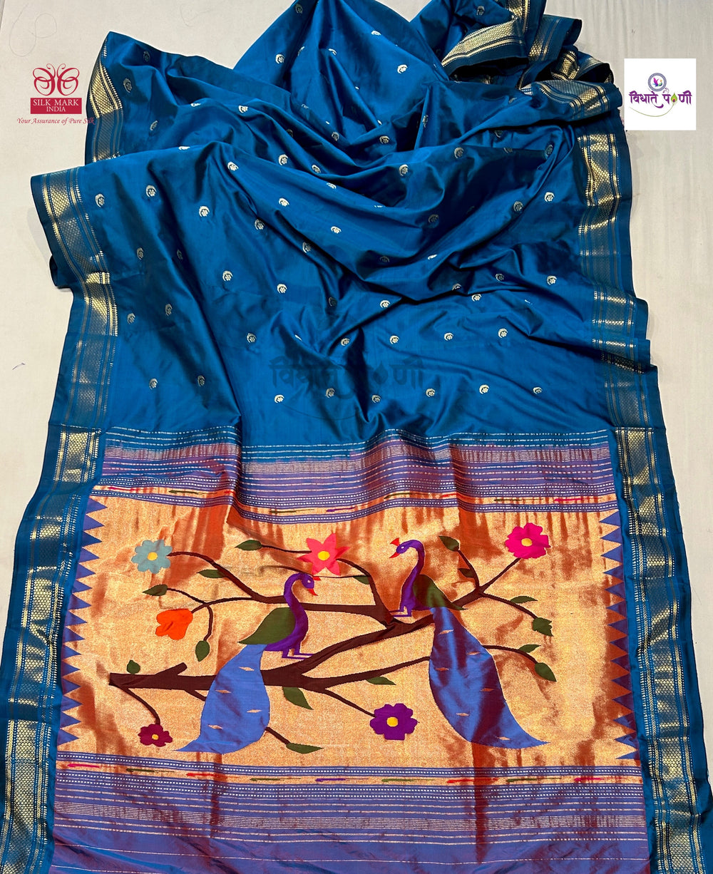 Sulphate Blue Handloom Pure Silk Chandrakor Butta Paithani Saree — full saree draped and laid flat — Vidhate Paithani, Yeola