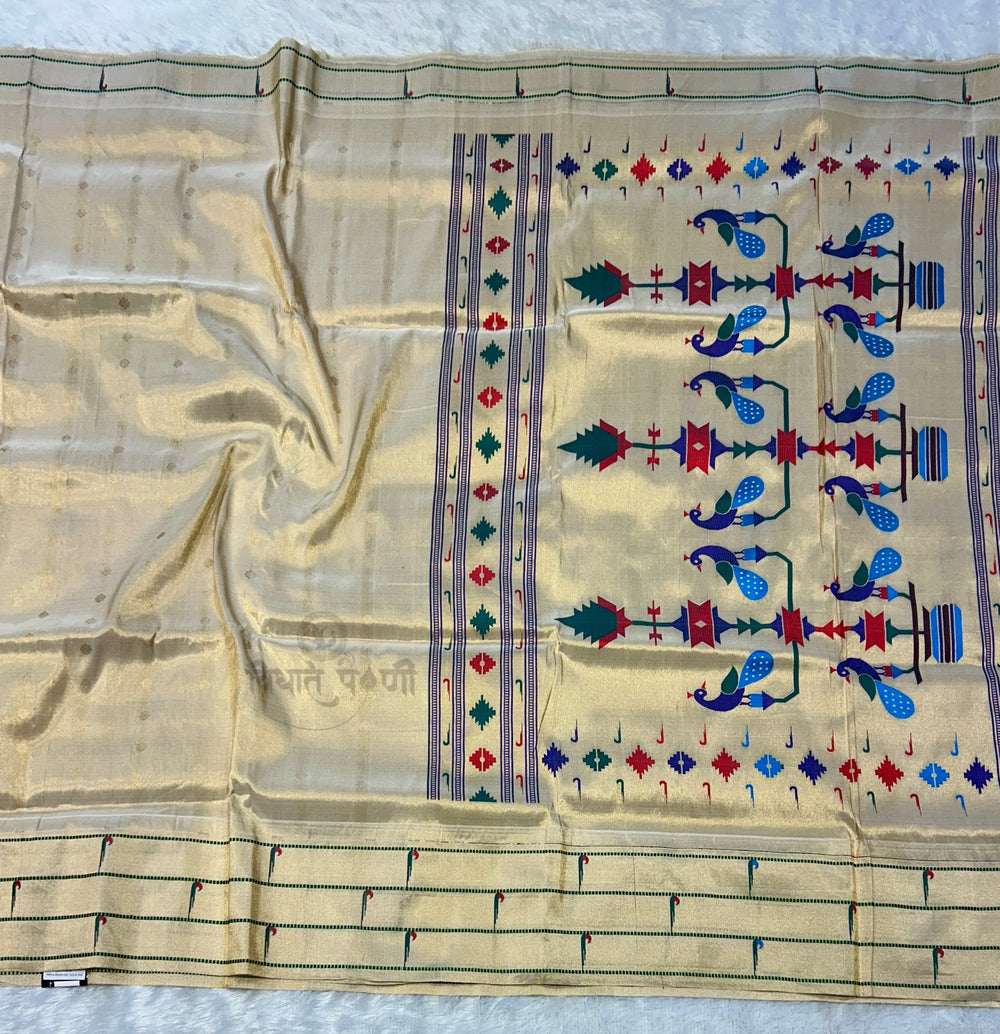Powerloom Pure Silk Munia Paithani Saree – Tissue — full saree draped and laid flat — Vidhate Paithani, Yeola