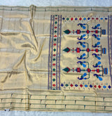 Powerloom Pure Silk Munia Paithani Saree – Tissue — full saree draped and laid flat — Vidhate Paithani, Yeola