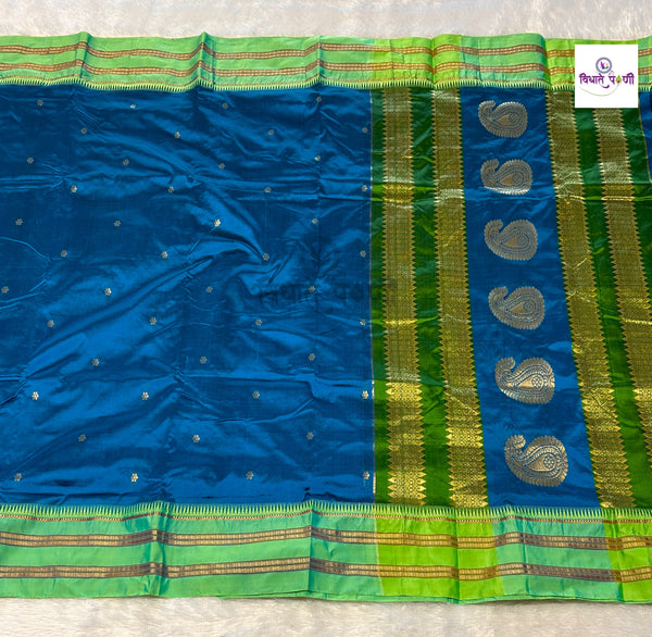 Sulphate blue Narayanpeth single ply pure silk saree with zari buttis and a mango motif pallu
