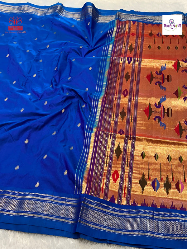 Handloom Pure Silk Double Pallu Paithani Saree - Blue