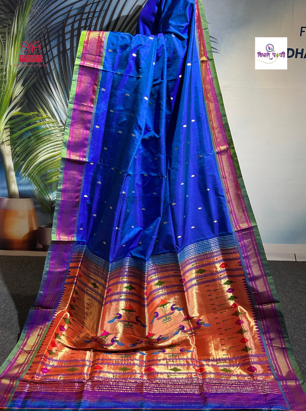 Handloom Pure Silk Double Pallu Paithani Saree - Blue