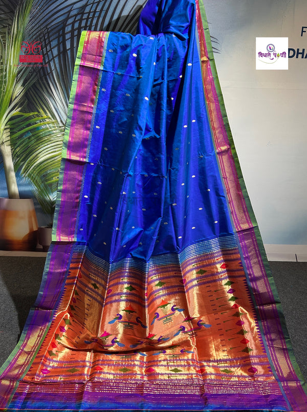 Handloom Pure Silk Double Pallu Paithani Saree - Blue