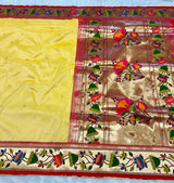 Pastel Yellow Powerloom Soft Silk Lotus Border Paithani Sarees — full saree draped and laid flat — Vidhate Paithani, Yeola