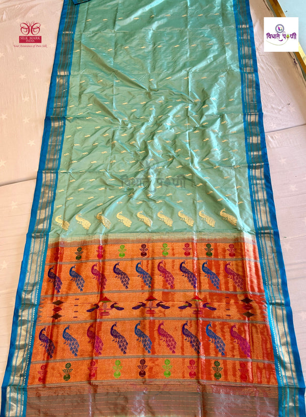 Handloom Pure Silk Fancy Pallu Paithani Saree - Pista Green