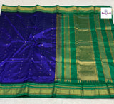 Blue Traditional Pure Silk Irkal Butta Sarees — full saree draped and laid flat — Vidhate Paithani, Yeola