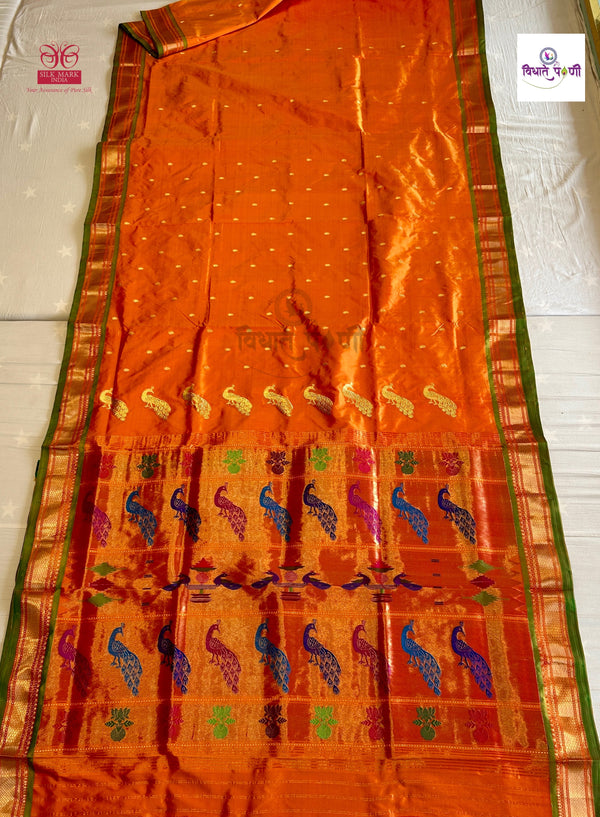 Handloom Pure Silk Fancy Pallu Paithani Saree - Mango